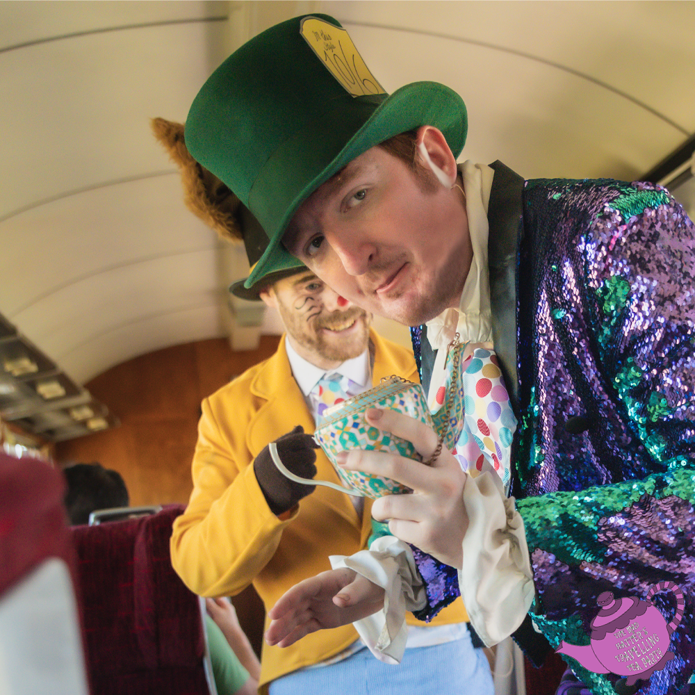 The Mad Hatter on board The Mad Hatter's Travelling Tea Party train